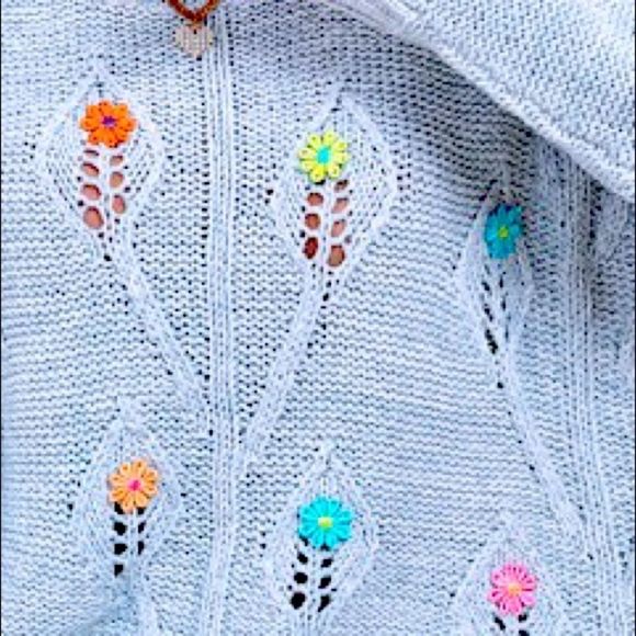 NWT! COLORFUL FLOWER HAND EMBROIDERED DROP SHOULDER POINTELLE KNIT SWEATER-GRAY! - Picture 6 of 14